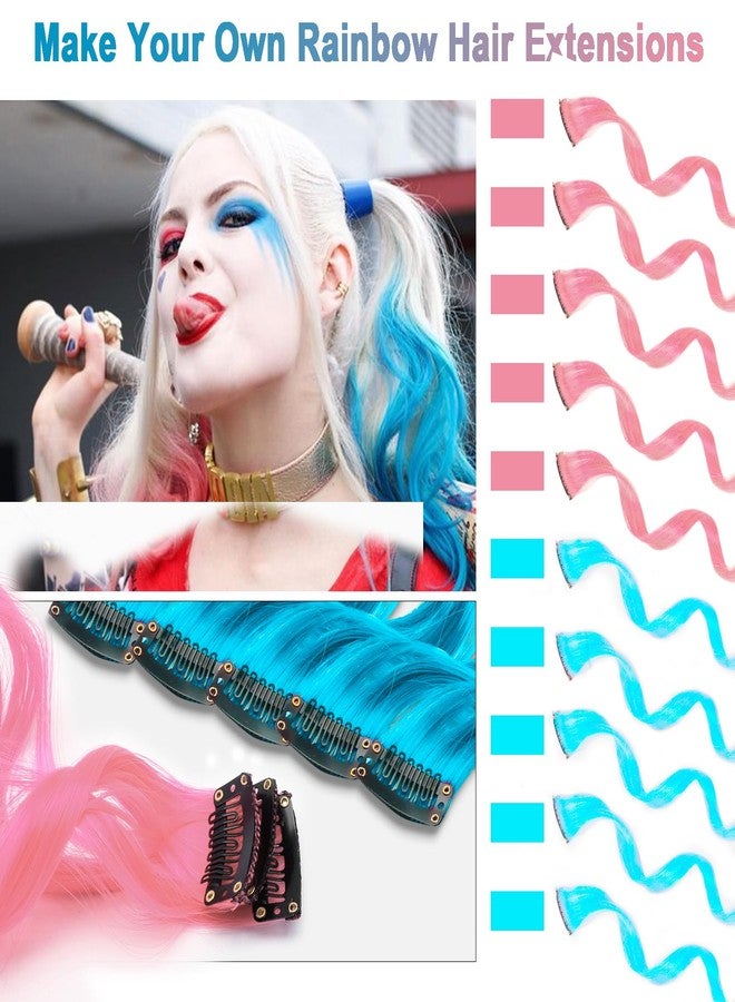 Olldag 10 PCS Pink and Lake Blue Hair Extensions, Curly Wavy Synthetic Hairpieces Clip in Rainbow Neon Party Highlights, Colorful Hair Accessories for Women 17 inch (Pink Lake Blue) - Image 2